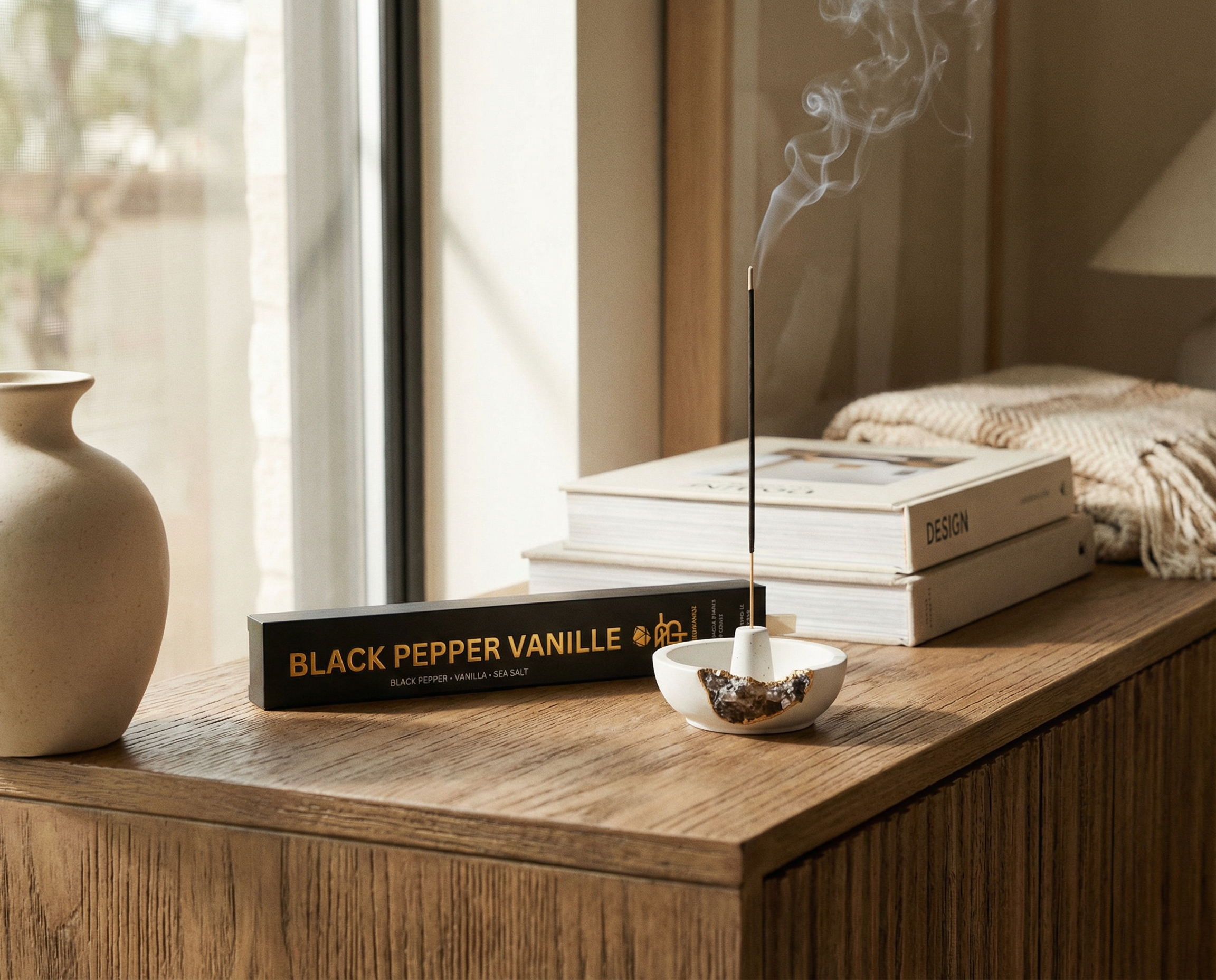 Smoky Quartz Crystal Incense Holder, Gold Leaf Detail