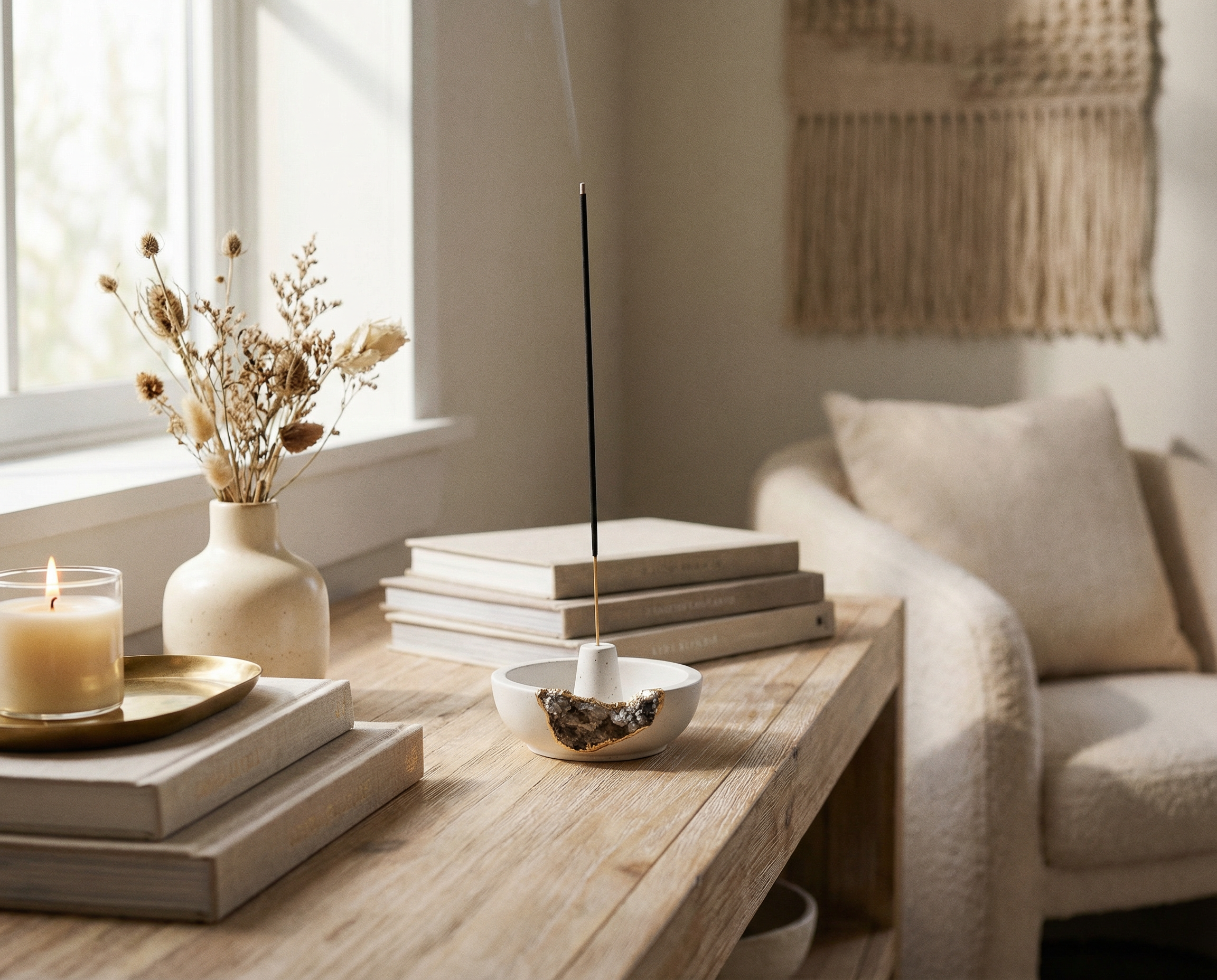 Smoky Quartz Crystal Incense Holder, Gold Leaf Detail