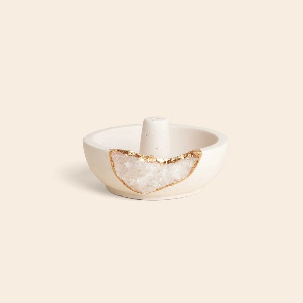 Natural Quartz Geode Incense Holder, White & Gold, Crystal